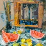 Balanza, sandías y limones - 100x81 cm